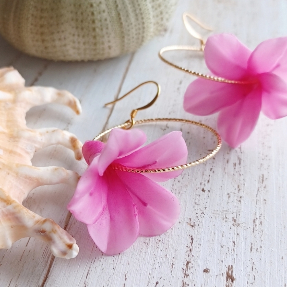Pink Flower Hoop Earring | Hawaiian Flower Earrings | Gold Hoops